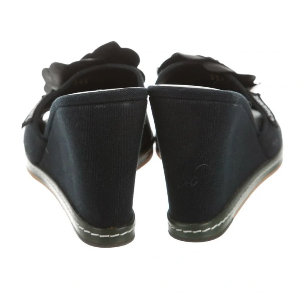 🩷CHANEL Canvas Leather Camellia Slide On Platform Wedge Sandals • BLACK • 36.5EU